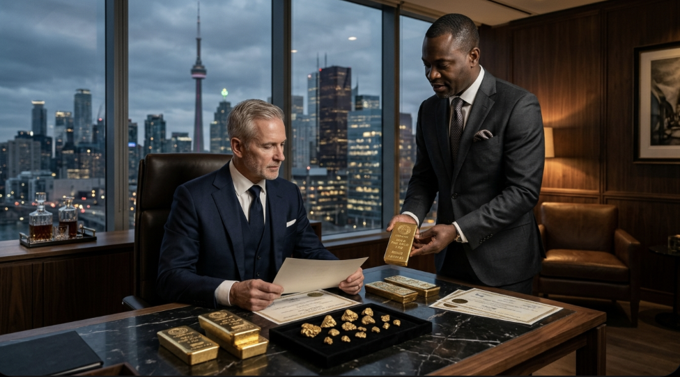 Elegant banking and bullion vault style, landscape format, no text, no logos, no phone screens — premium Canadian bullion dealer inside a secure luxury gold vault receiving direct shipment of Liberian gold bars, massive reinforced vault doors, polished bullion stacks, authenticity seals, digital weighing systems, professional African gold representative overseeing transaction, clean high-security environment, wealth preservation, trust, refined international precious metals partnership, warm golden lighting, ultra-HD sharpness, sophisticated institutional finance atmosphere, award-winning luxury commercial photography